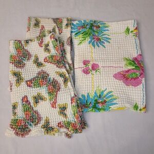 April Cornell Kitchen Towels Bright Floral Butterfly Waffle Texture Lot of 3